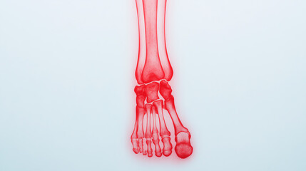 Detailed anatomical illustration of a human foot in red coloration on a white background, showcasing bones and joints effectively.