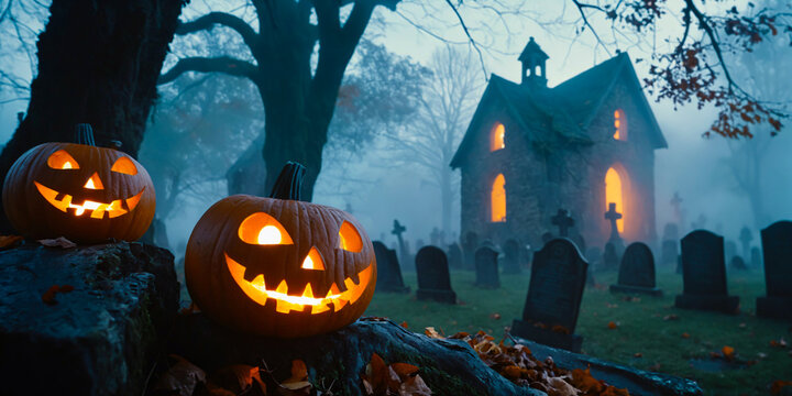 Halloween with pumpkins and haunted house in The cemetery, Holiday event Halloween banner background concept