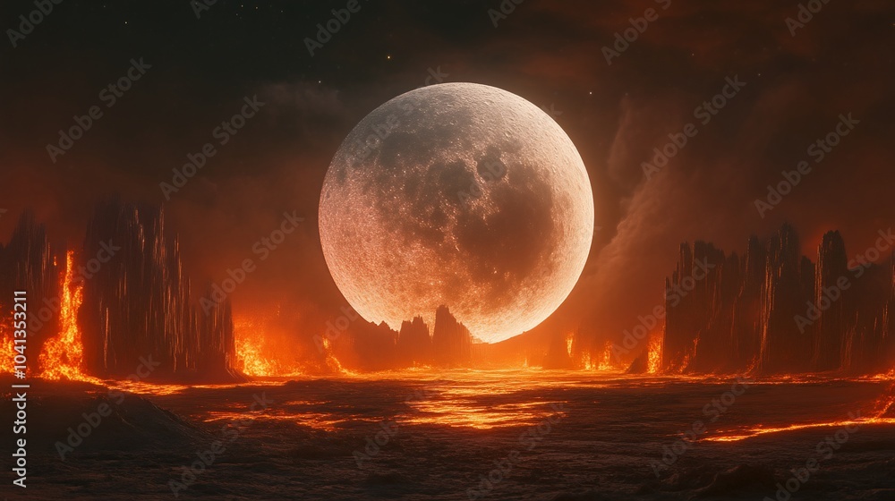 Poster a fiery landscape with a large full moon in the sky, creating a surreal and otherworldly atmosphere.