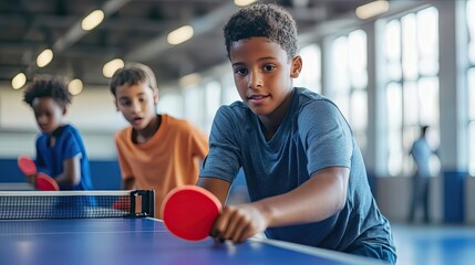 Young Boy Playing Table Tennis with Friends