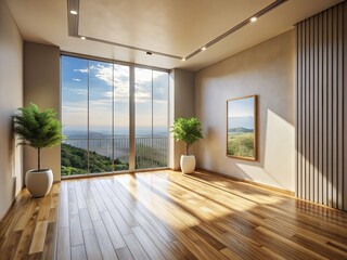 Empty Room with Balcony Silhouette, Wooden Floor and Canvas Frame, Modern Interior Design, Minimalist Aesthetic, Bright Natural Light, Artistic Wall Decor, 3D Rendering