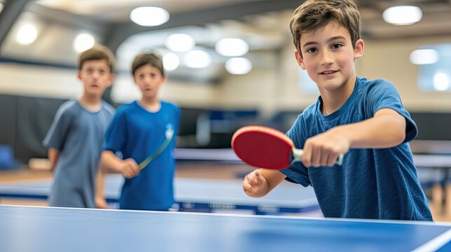 Young boy playing table tennis with a focused expression - Powered by Adobe