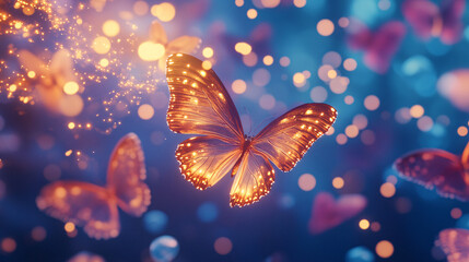 A group of butterflies fluttering through a sky filled with glowing jellybeans, their wings leaving trails of light 