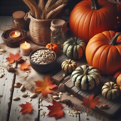 Cozy Autumn Scene with Pumpkins and Pumpkin Seeds on Aged White Wood.