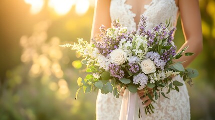 A bridal bouquet of lavender, white lilac, and seeded eucalyptus, tied with a lace ribbon, held by a bride in a flowing gown, background softly blurred with warm sunlight, hd quality,