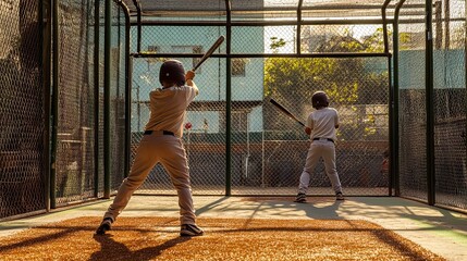 Two Young Baseball Players Practicing Batting in a Cage