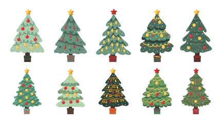 Set of Christmas trees of different shapes with garlands, balls and toys. Vector Christmas trees in flat style on white background.