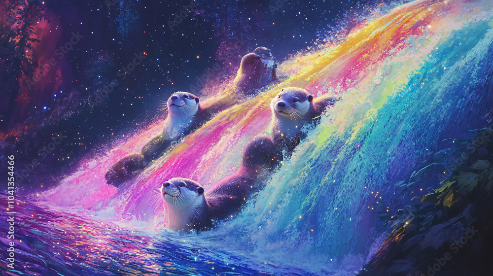 Poster a group of playful otters sliding down a rainbow waterfall into a pool of sparkling stardust
