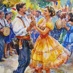 Oktoberfest Brazilian traditions, Brazilian dancers in festive attire celebrating Oktoberfest, bright and lively atmosphere, watercolor style, portrait ratio