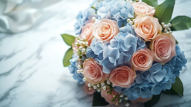 A bridal bouquet of soft blue hydrangeas and pale pink roses with pearl accents, resting on a marble surface, natural sunlight casting a gentle glow on the petals, hd quality,