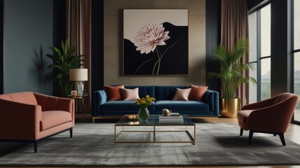 Modern living room interior with a blue sofa, pink armchair, and a large floral painting.