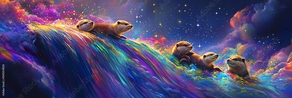 Poster a group of playful otters sliding down a rainbow waterfall into a pool of sparkling stardust
