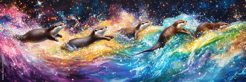Poster a group of playful otters sliding down a rainbow waterfall into a pool of sparkling stardust