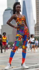 Dancing in the streets of New York. Cheerful woman dancing modern dance with group of colleagues -...