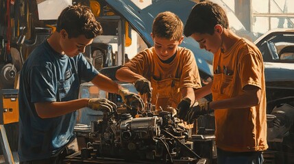 Three young men working on an engine in a garage