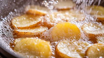 Thin potato slices frying to a crisp, bubbles forming as they cook, showcasing the process of achieving the perfect crunch.