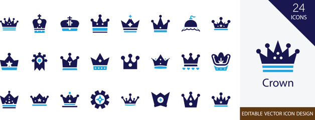 Crown vector design icon set, with Ceremony, Royalty, King, Queen, Monarch, prince, winner and more solid illustration 