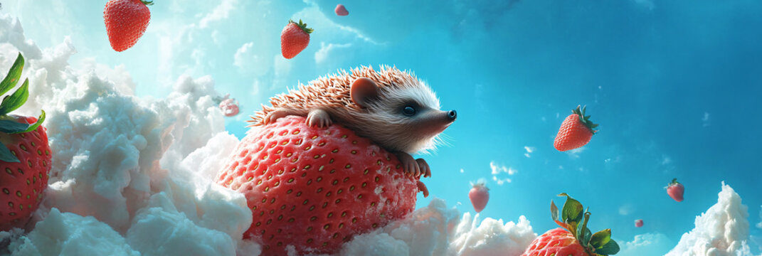 A hedgehog rolling through the sky on a giant floating strawberry, with whipped cream clouds above 