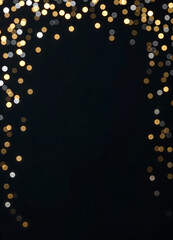 golden and silver confetti with bokeh lights arranged on black background