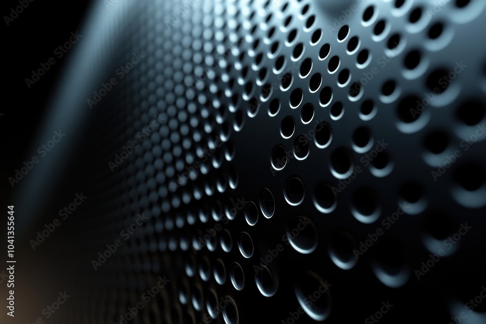 Aufkleber close-up of a textured black surface with circular perforations reflecting light in a dark setting