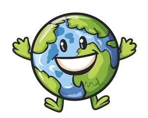 Fototapeta premium Smiling Cartoon Earth Holding Recycling Symbol Promoting Environmental Awareness