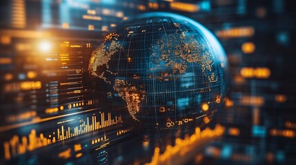 Digital globe overlaid financial graphs charts and economic symbols representing global business expansion financial success and the prosperity driven by strategic market opportunities