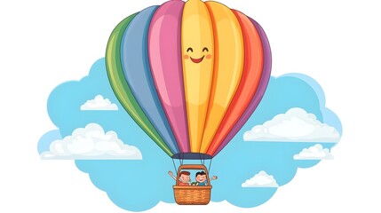 Obraz premium Colorful Cartoon Hot Air Balloon with Smiling Passengers Floating in the Sky on White Background