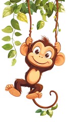Naklejka premium Mischievous Cartoon Monkey Swinging Happily from Vine on White Background with Copy Space