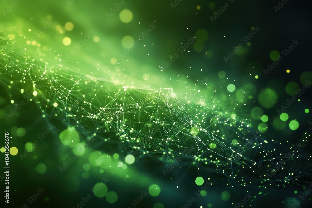 Poster abstract green background with luminous dots and connected lines illustrating a digital network