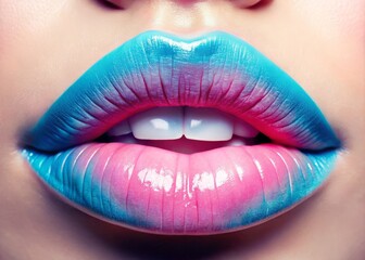Fototapeta premium Glossy Lips Close-Up with Pink and Blue Pastel Colors for Stunning Food Photography, Vibrant Aesthetic, Beauty, Makeup, Gloss, Fashion, Art, Colorful, and Trendy Visuals