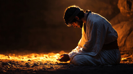 young man kneeling and praying in dimly lit environment, surrounded by shadows and soft light, evokes sense of peace and reflection