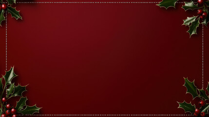 Elegant holiday background featuring green holly leaves and red berries on a rich burgundy surface for festive designs