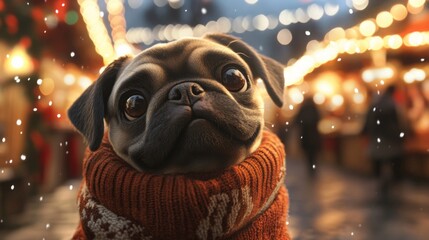 A charming pug wearing a knitted sweater gazes curiously at the camera amidst a bustling winter market. The festive atmosphere includes twinkling lights and gentle snowfall creating a magical scene.