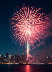 fireworks are seen from a new york city skyline with a building in the night sky background