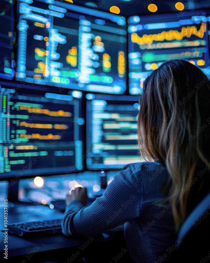 Poster a focused individual analyzes data on multiple digital screens, showcasing modern technology and dat