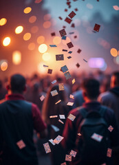 people walking in a crowd with colorful confetti falling from the sky and lights on it