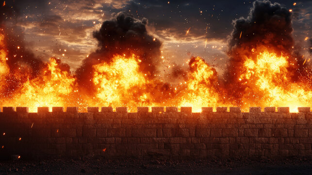 Ancient castle wall engulfed in flames, showcasing destruction and chaos. fiery explosion creates dramatic scene filled with intense energy and emotion