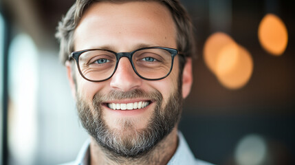 Obraz premium Man Smiling in Glasses Finalizing Business Partnerships