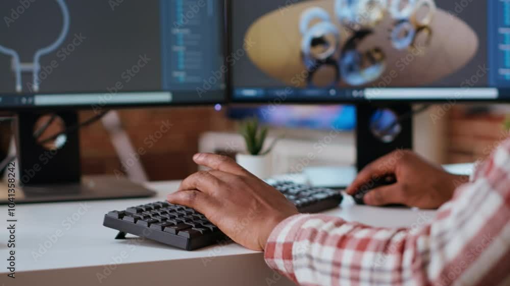 Poster male engineer designs 3d prototypes in a modern industrial interface using cad software. specialist 