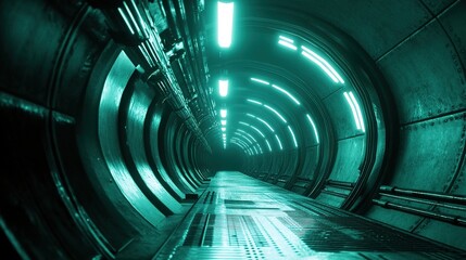 Futuristic Tunnel with Neon Lights and Metallic Surface