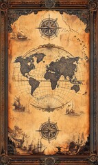 Antique world map with compass roses and ships.