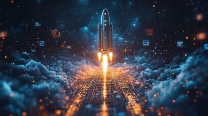 Conceptual rocket taking off trailing social media ads brand elements symbolizing the successful launch of a digital marketing campaign and the growth of brand presence