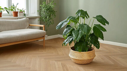Minimalist Scandinavian living room with a light gray sofa, wooden flooring, and a large potted plant in a wicker basket