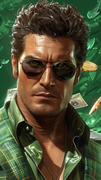 drawn portrait of serious man wearing sunglasses, exuding confidence and power. rugged features and intense gaze are highlighted, creating powerful and commanding presence. background is filled with