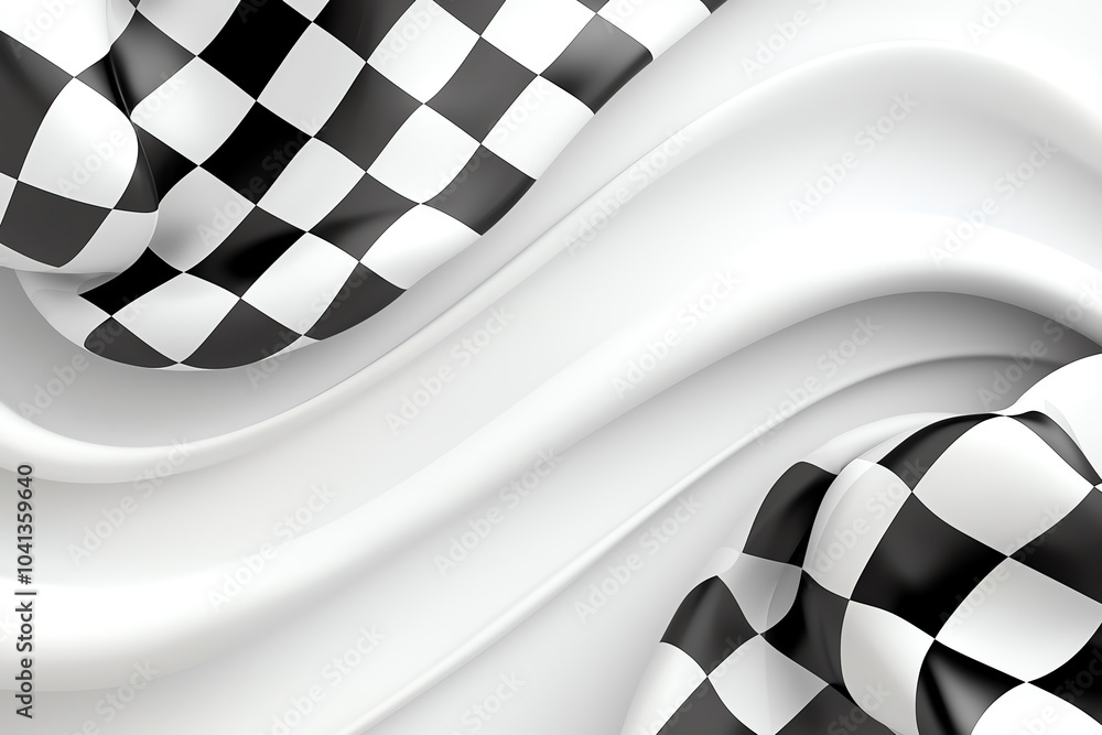 Poster Dynamic black and white checkerboard pattern with elegant flowing waves for stylish design projects