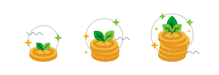 Set of Growing Finance and Investment Concept, Dollar Coin Stack with Green leaf Vector Illustration