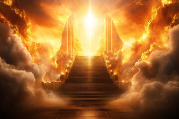 Obraz premium The stairs to the kingdom of heaven, with golden gates and clouds,