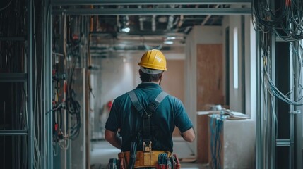 A technician setting up electrical installations on a commercial site, conduit and wiring exposed