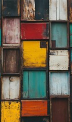 Colorful wooden panels arranged in a grid.