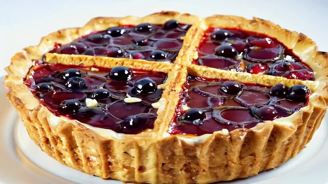 A delightful top view showcases pie rhombic pattern filled violet jam fresh blueberries beautifully rotating counterclockwise reveal vibrant texture stunning 4K resolution food dessert pastry